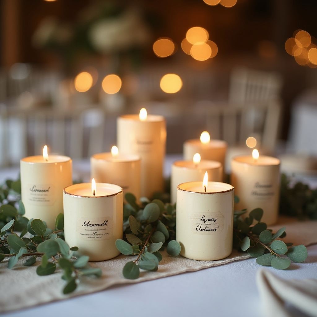 Arrangement von handgegossenen Duftkerzen als Hochzeitsgeschenk