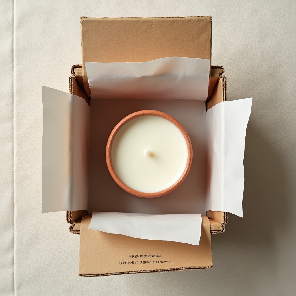 Kerze in plastikfreier Kartonverpackung mit Seidenpapier